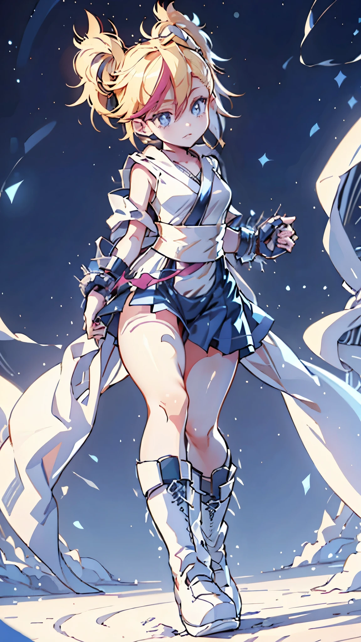 1 girl, ultra long hair, ultra detailed face, glowing lips, glowing blue eyes, very long ponytail, elegant walk, catwalk, holding down a  giant katana, blonde, long eyelashes, long boots , looking to the sky, starry sky, a ultra giant katana 