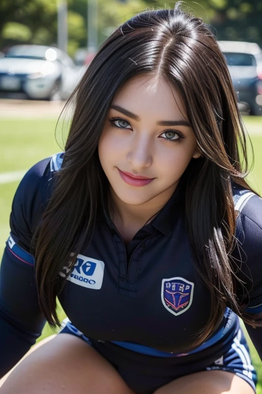 Best image quality:1.40), Realistic photos, (One Woman:1.33), Beautiful expression, (Detailed eyes:1.5), (iris:1.4), (Detailed face:1.7), (smile), (Shiny Hair:1.4), (Black Hair), (Women's Rugby Players:1.4), (rugby uniform:1.3), (Rugby pants:1.3), ((Strong thighs:1.5)), (athlete&#39;Body 1.2), ((Take a full-body photo:1.8)), High resolution, Physically athletic, (Big Breasts:1.4), (Shoot with the focus on the buttocks:1.5)(short hair:1.3), (Cute Japanese:1.5), (Cute Woman), (1 female:1.2), (Written interface depth/1.2:1.45), (Blurred Background), Sharp focus, RAW Photos, 24-years-old, (Photo taken at a rugby stadium:1.2), (blue sky:1.3),(Plump butt:1.4)、(Ample breasts)、(Striking a seductive pose), (make the nose a little smaller), (Lower your nose), (Bring a rugby ball), ((from below:1.3)),