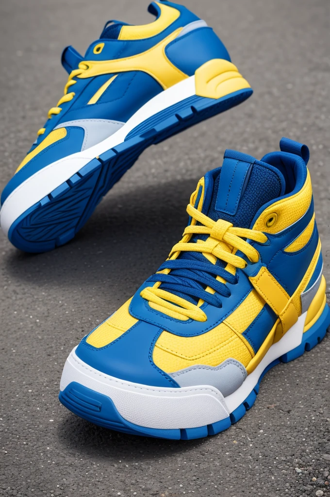 Sneaker, yellow strips, Gladiator, blue color, open in front, with pebble details