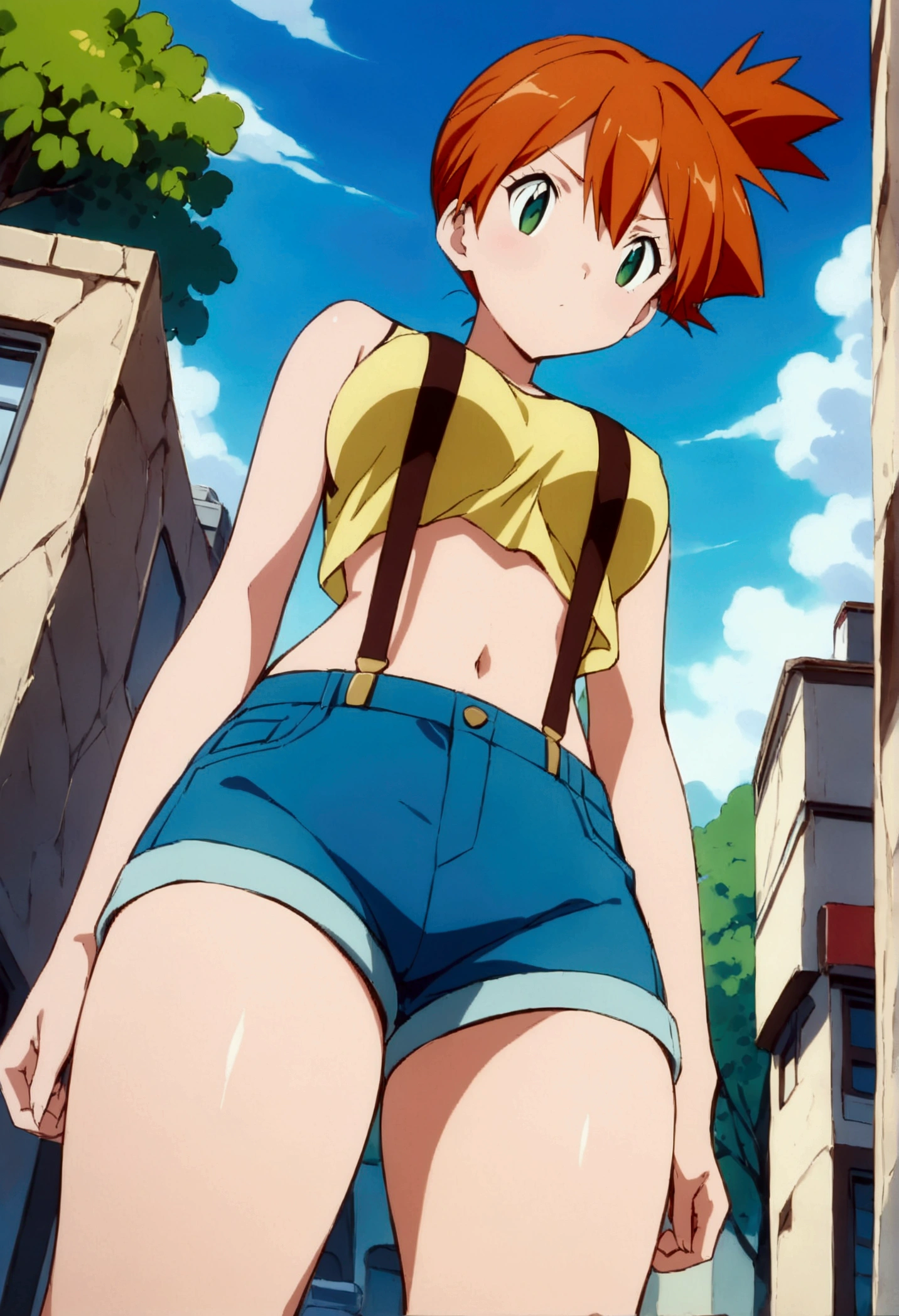 (score_9, score_8_up, score_7_up), (best quality, masterpiece),perfect anatomy,aesthetic,very aesthetic,official style, ultra-high resolution,source_anime.from below,below view,face focus ,,standing ,  (mature) ,1girl, Outdoor, Green Eyes, Orange Hair, , Yellow Shirt, Sleeveless shirt,stomach, Denim shorts, suspenders, ,   (slender), ,shirt_pull:1.2,(Composition)
