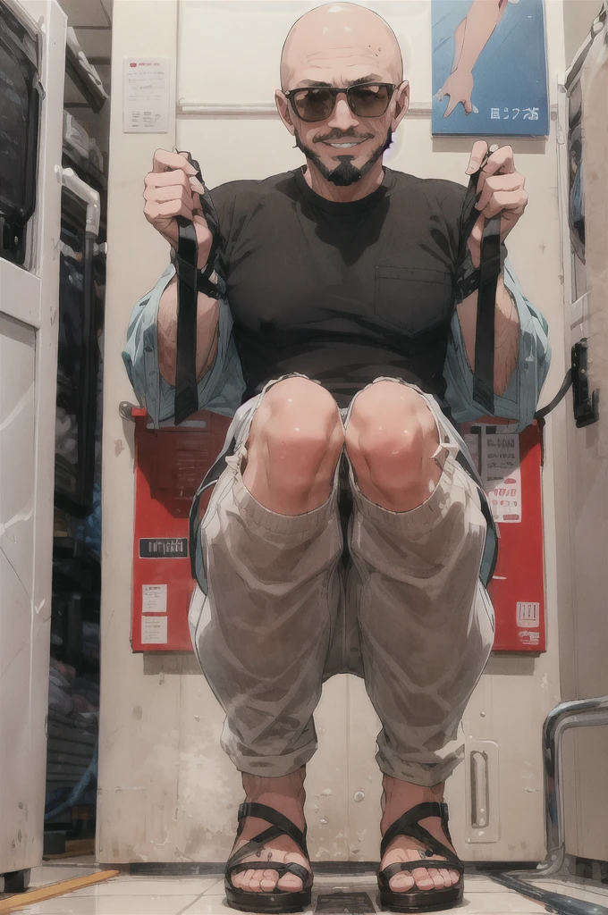 (best quality), (masterpiece),(ultra-detailed:1.2),ultra high res,
1boy,(grin:1.1),squatting,open mouth,
holding bra,
 muten roushi, old man,bald, facial hair, beard, mustache, white hair, white tank top, light brown pants, brown sash, green sandals, sunglasses, blue-tinted eyewear,
sunglasses reflection,
 indoor,washing machine,
 