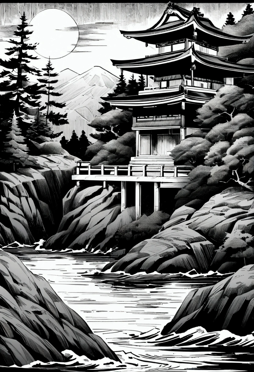 An artistic depiction of the iconic red Rokkakudo pavilion perched on a cliff by the sea, in the style of a traditional Japanese woodblock print. The scene features calm waters, rugged rocks, and pine trees, all rendered in black and white with intricate linework and shading, creating a serene and timeless Goshuin-inspired atmosphere