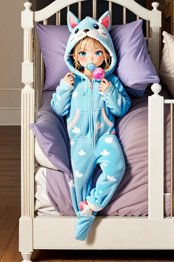 An anime image of a small boy sleeping in a large nursery room, (wearing fox hoodie-footie pjs), (((wearing a diaper))), ((sleeping soundly in a crib)), (crib), pacifier, peaceful expression, soft lighting, solo, ((1boy)), warm colors, highly detailed, extremely detailed, masterpiece, anime style, beautiful detailed eyes, soft bedding, plush fox hoodie, adorable, comfort, cozy, restful, hood up,
