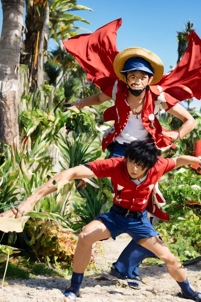 A man cosplay one piece monkey d. luffy live in action, high - resolution, photography realistic style, real live, 8k