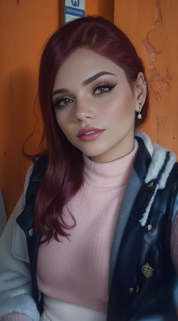 cropped woman with red hair and a pink sweater posing for a photo, powder Nándor Katona, profile image, photo realist, frontal image, Estefânia Villegas Burgos, 8k)), fernanda suarez, by Amélia Peláez, lorena avarez, adriana dxim, very low quality image