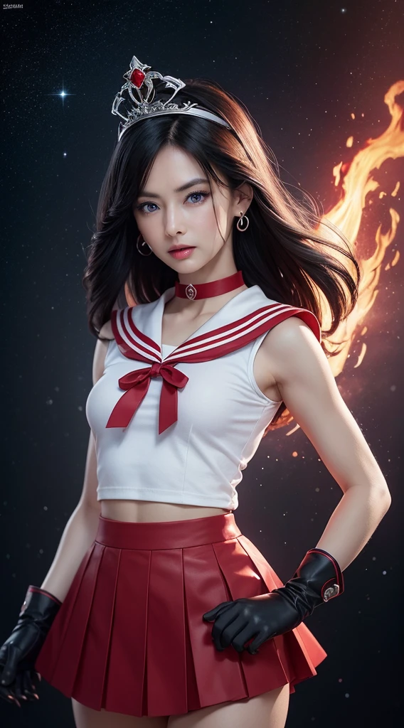 ((HD Real, Same 1 level)), Extremely realistic, masterpiece, Highest quality, High resolution, Same 1, space, Stunning beauty, Upper Body Shot, 1 girl, chest, gloves, lips, alone, Sailor Mars, Purple eyes, uniform, Show more1, tiara, sailor warrior uniform, (RAW Photos, Highest quality), masterpiece, 浮かぶ長いBlack Hair, Red Sailor Collar, bow, choker, 白いgloves, red choker, 肘用gloves, jewelry, Earrings, Red Skirt, only, whole body, Black Hair, (Perfect hands): 3.8, Octane Rendering, Goddess of Fire, (close: 1.2) In detail, Beautiful Eyes, close, Small eyes, Show Viewer, to8 contrast style, Octane line drawing, space background, Mars, There's flames all around her, Red Flame, Intense gaze, Clear Eyes, Hands down