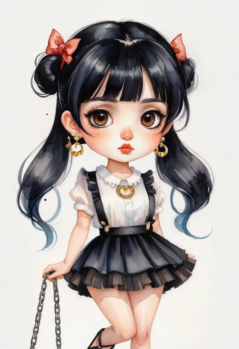 chibi,digital artwork, illustrative, painterly, matte painting, highly detailed ,Miniature Painting, watercolor style, cartoonA woman looking straight ahead,Perfect face, she has black hair with bangs, brown eyes, small freckles on her face, earrings in her ears and a chain on her arm. She is wearing a black skirt and white blouse with ruffles. She has black sandals on her feet. watercolor style, kawaii style. high quality, by Harumi Hironaka and Camilla d'Errico