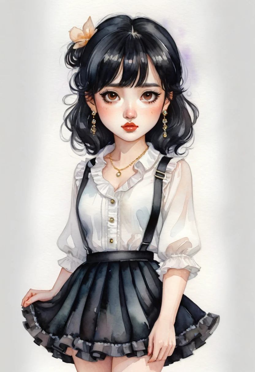chibi,digital artwork, illustrative, painterly, matte painting, highly detailed ,Miniature Painting, watercolor style, cartoonA woman looking straight ahead,Perfect face, she has black hair with bangs, brown eyes, small freckles on her face, earrings in her ears and a chain on her arm. She is wearing a black skirt and white blouse with ruffles. She has black sandals on her feet. watercolor style, kawaii style. high quality, by Harumi Hironaka and Camilla d'Errico