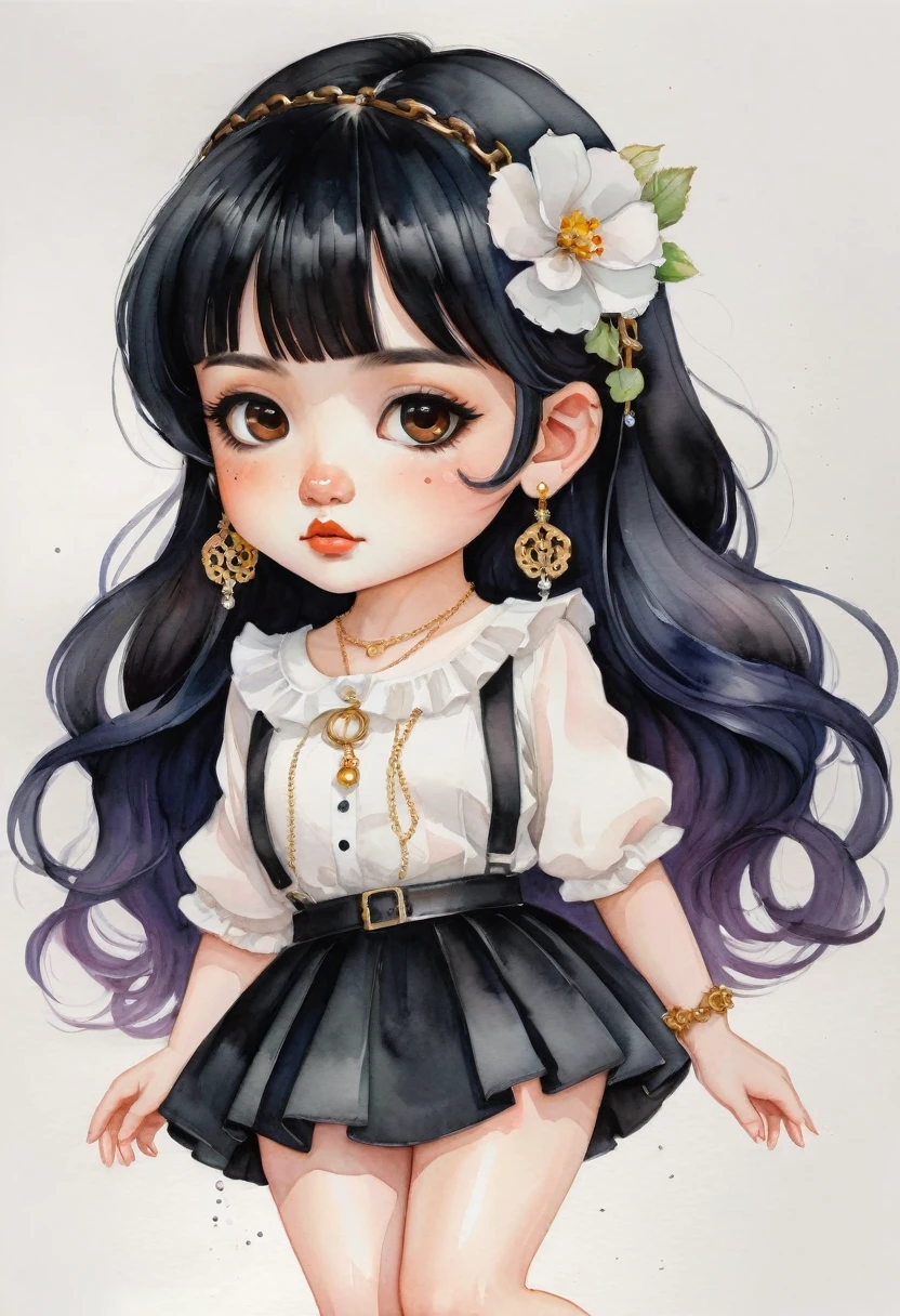 chibi,digital artwork, illustrative, painterly, matte painting, highly detailed ,Miniature Painting, watercolor style, cartoonA woman looking straight ahead,Perfect face, she has black hair with bangs, brown eyes, small freckles on her face, earrings in her ears and a chain on her arm. She is wearing a black skirt and white blouse with ruffles. She has black sandals on her feet. watercolor style, kawaii style. high quality, by Harumi Hironaka and Camilla d'Errico