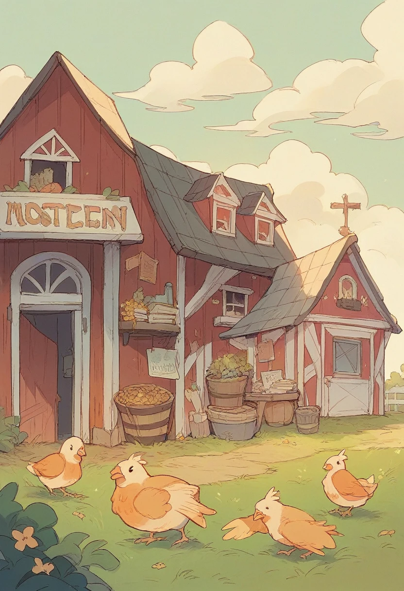 Coloring Book Page of a chicken in a farm yard