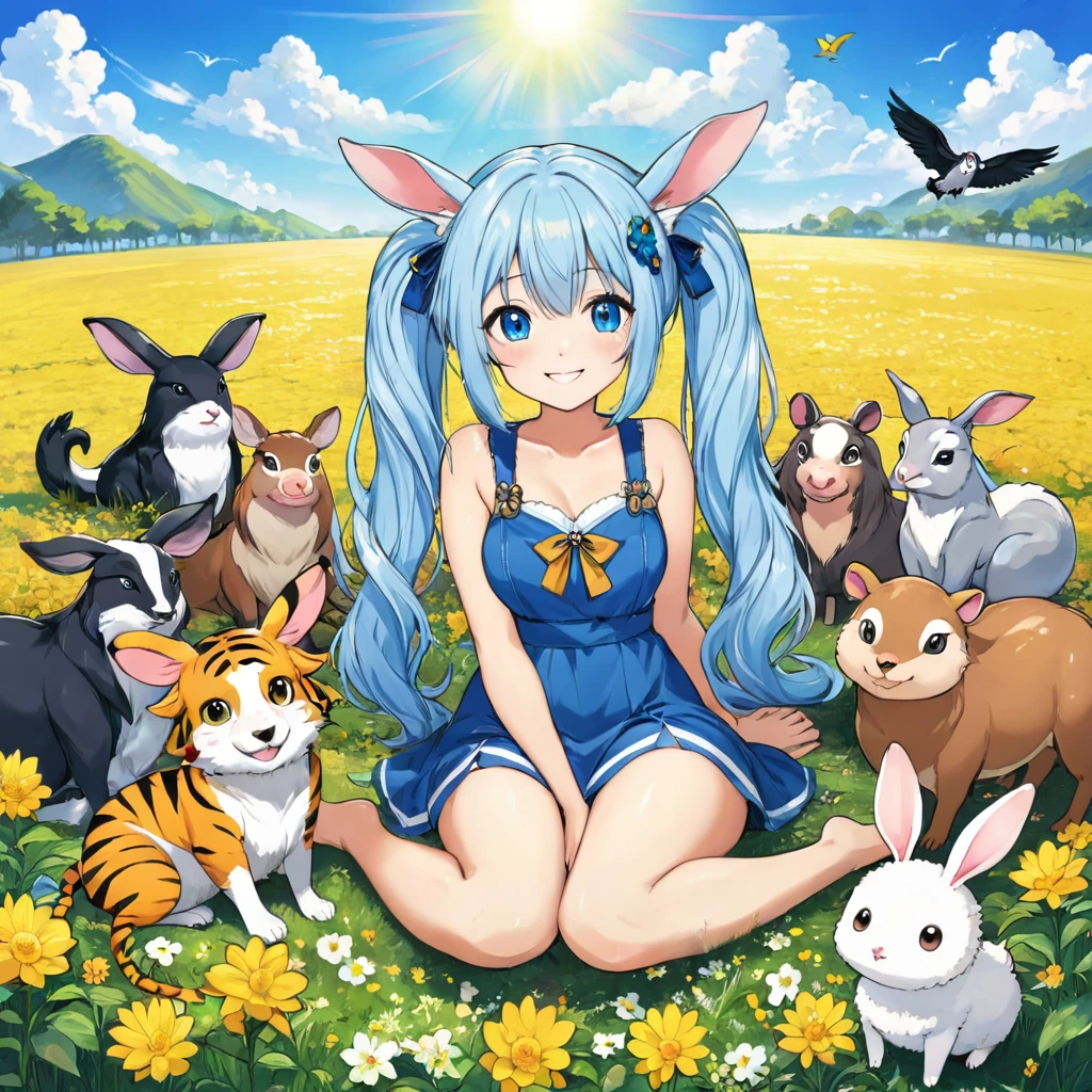 Anime girl sitting surrounded by animals in a flower field under a blue sky, Light blue long hair、Twin tails 、Bright smile、Tiger dragon mouse or rat ox Rabbit snake sheep dog pig monkey bird horse Anime fantasy illustration,