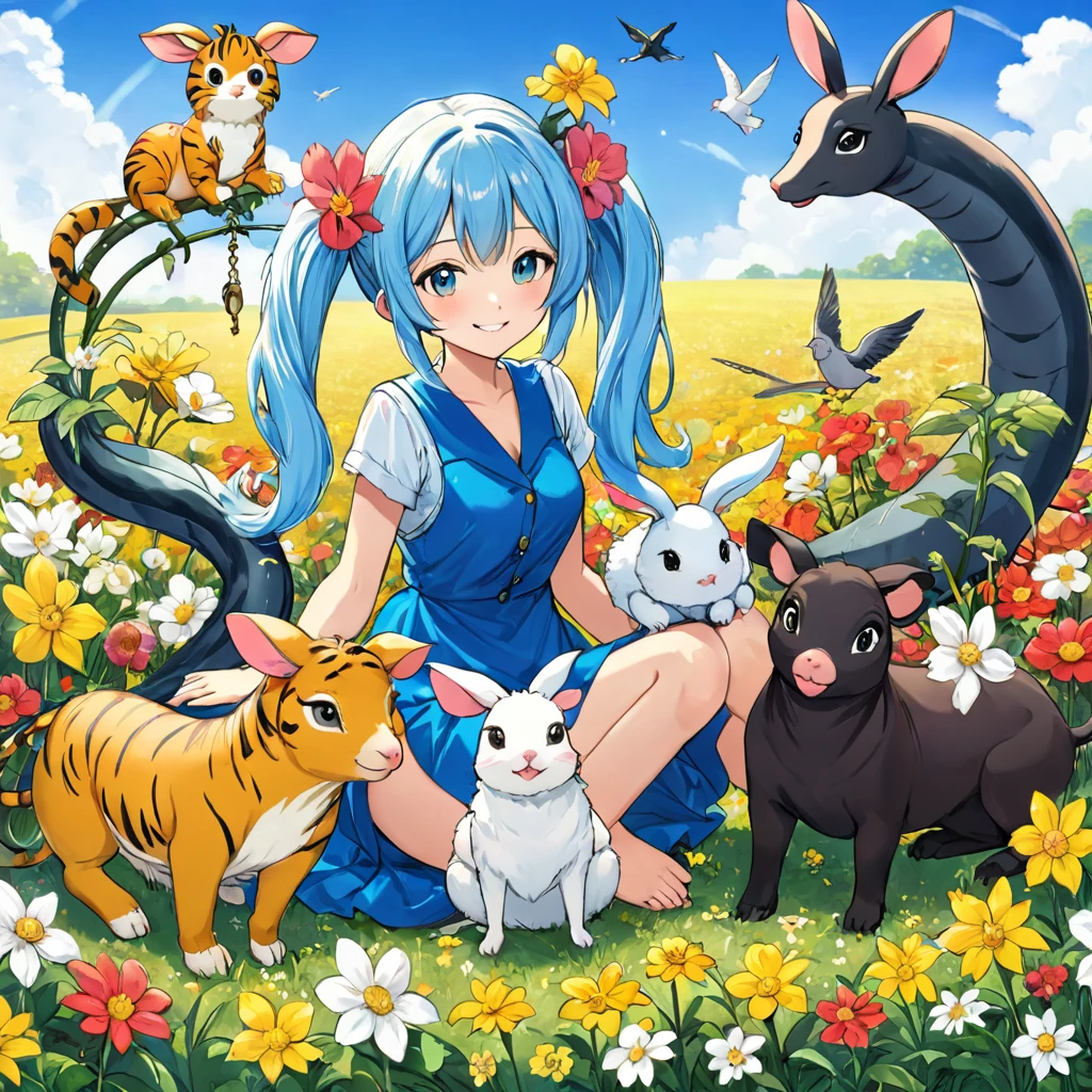 Anime girl sitting surrounded by animals in a flower field under a blue sky, Light blue long hair、Twin tails 、Bright smile、Tiger dragon mouse or rat ox Rabbit snake sheep dog pig ey bird horse Anime fantasy illustration,