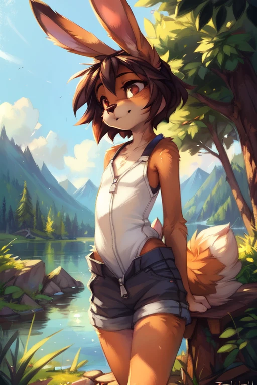 by kenket, by Zackary911, by hyattlen, by teranen, by fumiko, by Pixelsketcher, by Bayard Wu, by Einshelm, by Kilinah, by Hioshiru, by fluff-kevlar, by Dimwitdog, Furry, Anthro, solo, ((bunny)), ((female)), ((slender)), ((young)), ((fluffy tail)), oblivious look, floppy ears, ears down, short hair, small breasts, lifting tail, short tail, colorful leotard, crotch zipper, exposed, lake, dock, unzipped, voyeur, unaware, looking away, oblivious,