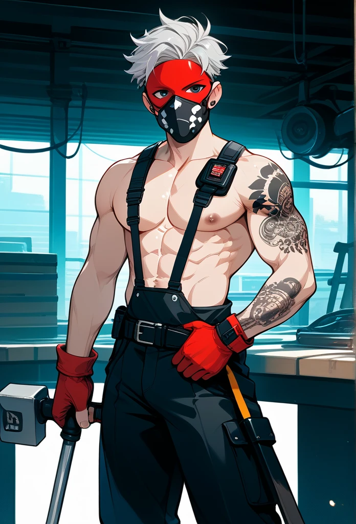 masterpiece, best quality, male, (masked face, full mask, covered face), white bandana, gray hair, short hair, spiky hair, mature body, muscular body, mechanic pants, tool belt, workshop, tattoos, covered in tattoos, dragon tattoo, holding hammer