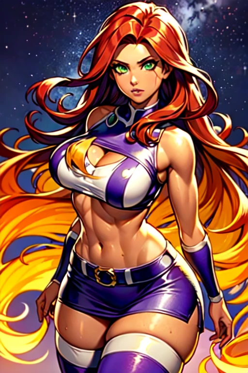 (masterpiece, best quality, ultra-detailed), solo, StarfireDC, green eyes, red hair, glowing eyes tan skin, large breasts, toned midriff, purple skirt, crop top, purple thighhighs, bare shoulders, belt, metal arm guards, slendered abs, amazonesque, wide hips, athletic, warrior princess, thich thighs