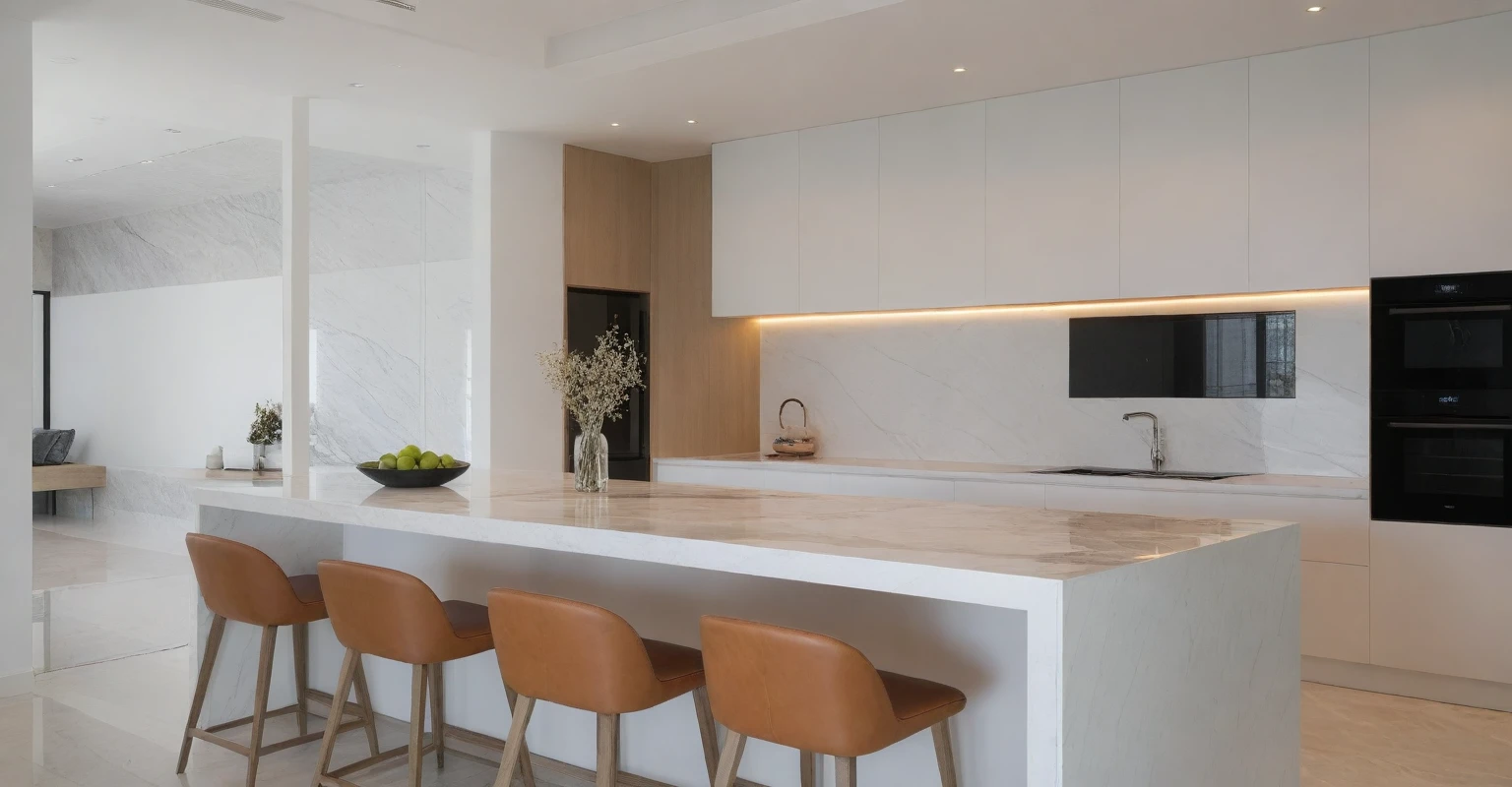 Raw photo,Masterpiece, high quality, best quality, authentic, super detail, indoors, interior ,(( dining room : 1.3)), modern style, daylight, (WHITE WALL), (((the right corridor ))), marble counter top and island