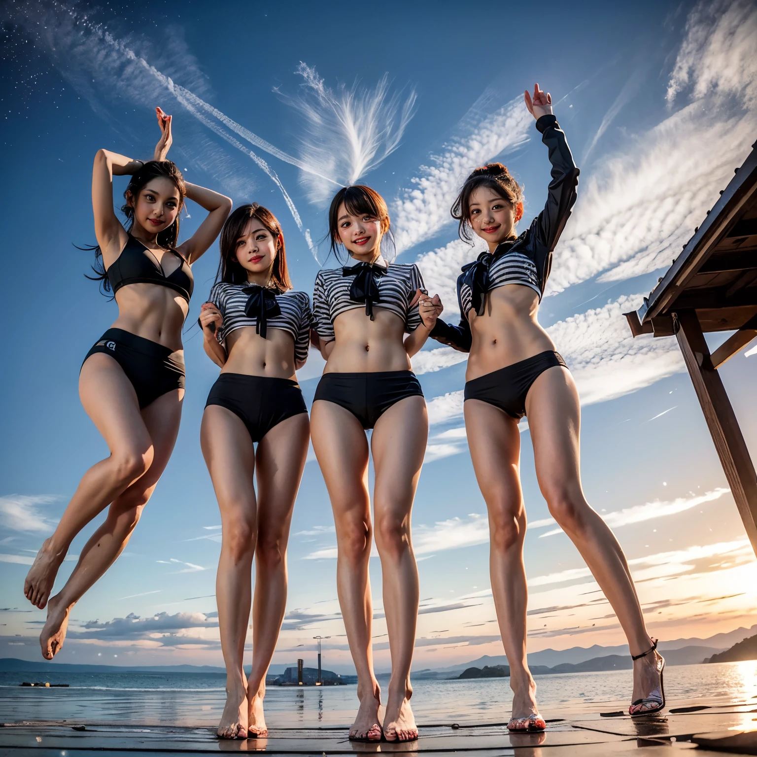  Masterpiece of ProfessionalPhoto ((ExtremelyDetailed (12 PICHIPICHI KAWAII Girls Floating in The Air in a row:1.37) in WHITE at Dusk Enoshima Beach)), {(Standing Full Body:1.2)|(from below:1.2)}, Different types of hair colors, {(skinny(SchoolSwimwear))|(SchoolUniform)with Tiny AthleticShorts}, {Detailed Childish hand|Hidden hand|Armpit|Different types of breasts of various sizes from HUGE to FLAT|(Clearly Visible the shape of Butt)}, Joyful Expressions LifeLike Rendering, PerfectLighting, (Dazzling Horizon Visible through ThighGap), (Starry IridescentParticles:1.22) ColorfulClouds