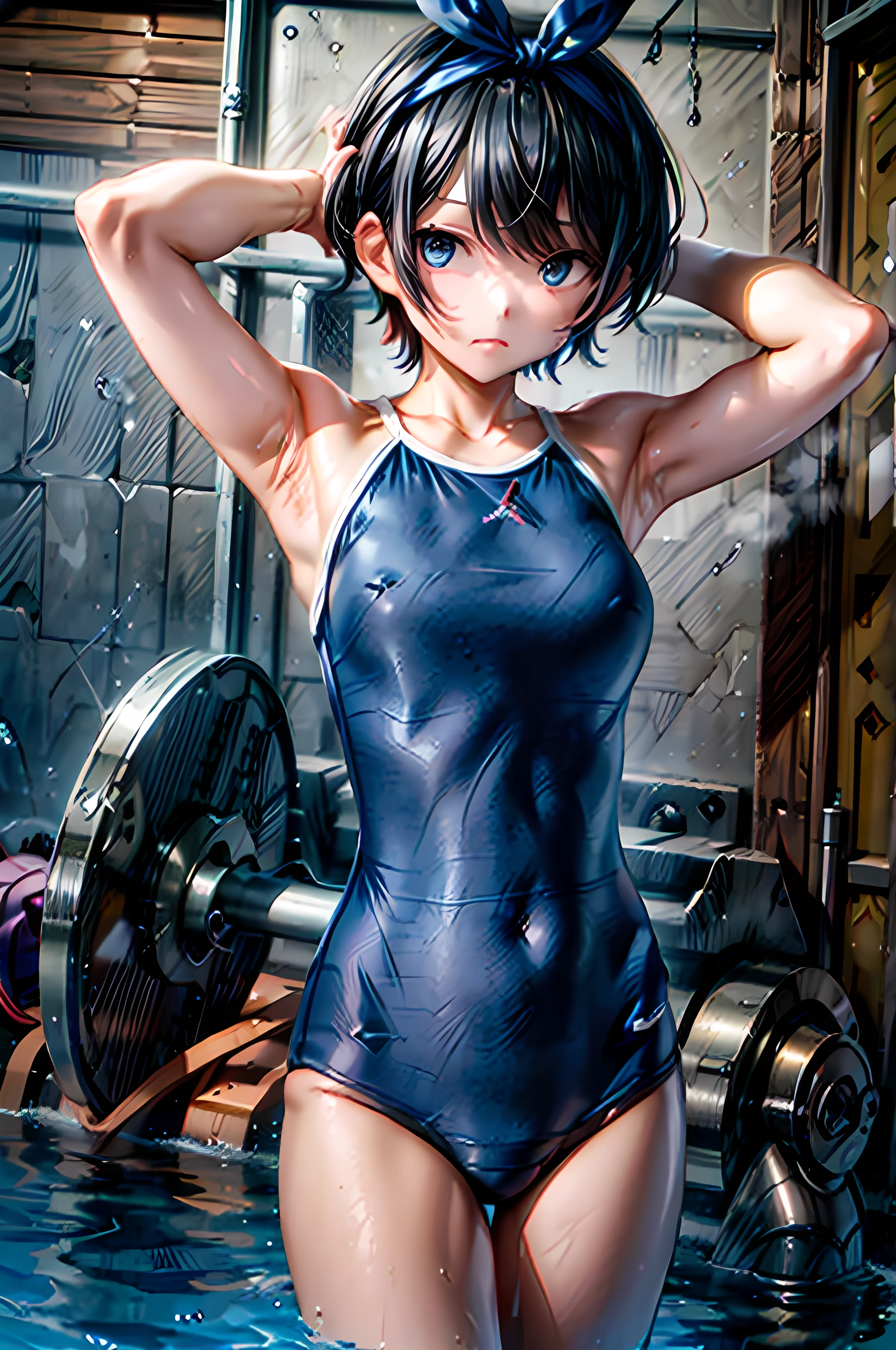 1girl, solo, BREAK (Blue eyes) BREAK, BREAK school swimsuit, (T405, blue one-piece swimsuit,) BREAK, BREAK black hair, short hair, bangs, BREAK hairband, hair ribbon, blue hairband, bow BREAK, (sarashina ruka), masterpiece:1.2, Highest quality, Highest quality, Winner of numerous top awards, Perfect Anatomy, Hide your hands behind your head, Beautiful Skin, tanskin,