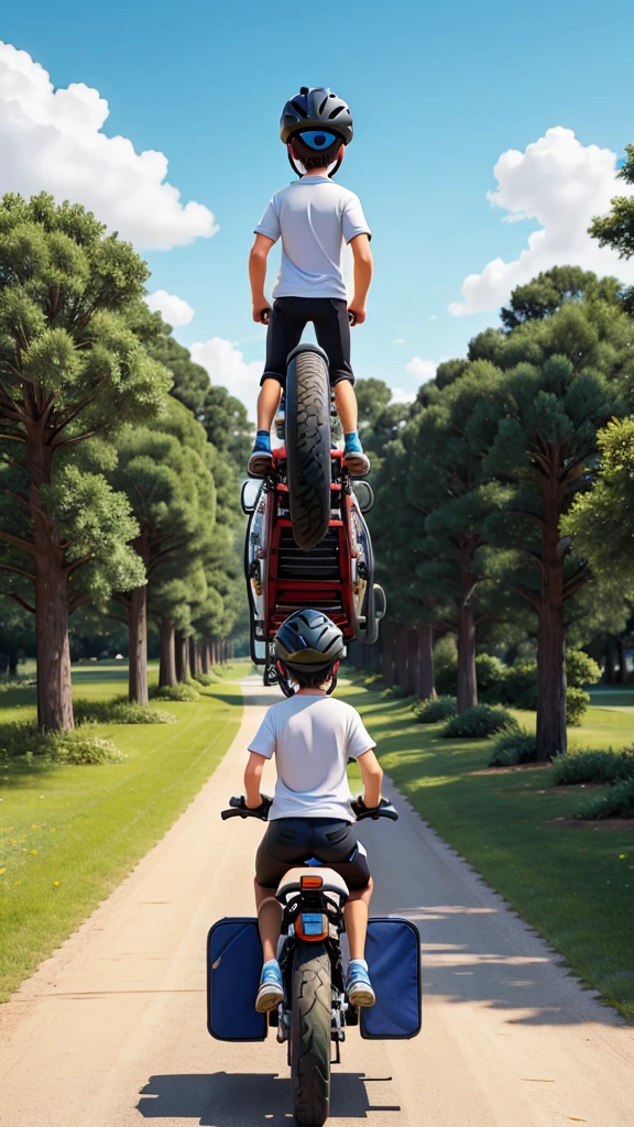 standing on the back of a moving bicycle.