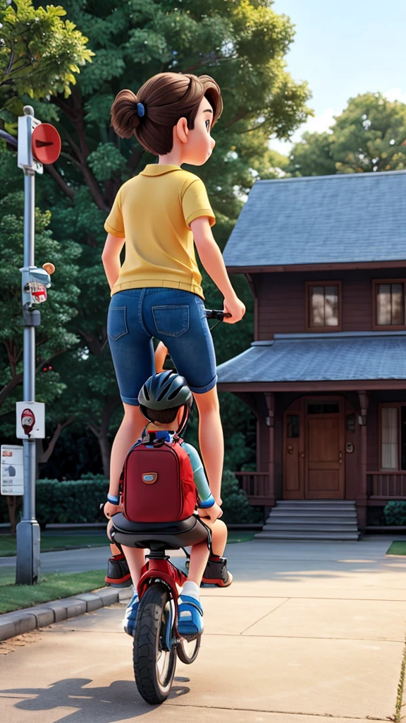 standing on the back of a moving bicycle.