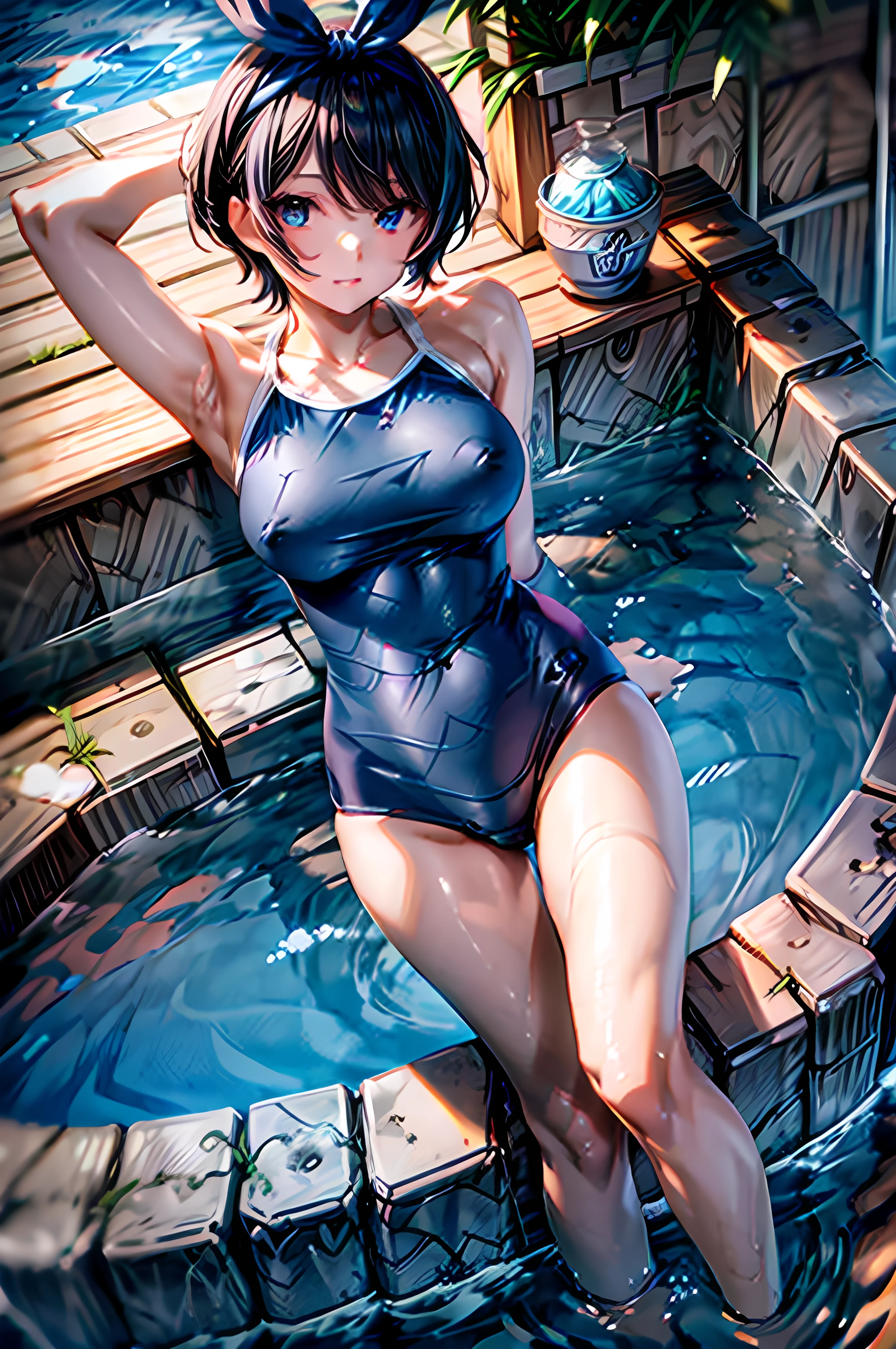 1girl, solo, BREAK (Blue eyes) BREAK, BREAK school swimsuit, (T405, blue one-piece swimsuit,) BREAK, BREAK black hair, short hair, bangs, BREAK hairband, hair ribbon, blue hairband, bow BREAK, (sarashina ruka), masterpiece:1.2, Highest quality, Highest quality, Winner of numerous top awards, Perfect Anatomy, Hide your hands behind your head, Larger breasts, Beautiful Skin, tanskin, Midnight, nightpool