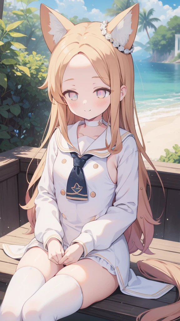 A woman with brown hair, bikini, girl,  labia, table,sitting, gentle,panties, sailor uniform , wearing a pink and white sailor suit, blue eyes, racing girl, Du Qiong, smile, gentle, covering one eye, light blue eyes, hairpin, halodon't have excessive composition problems, masterpiece, perfect composition, fine characterization black stockings