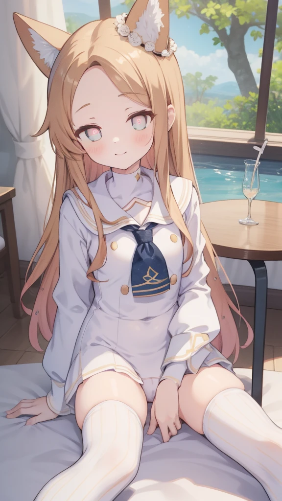 A woman with brown hair, bikini, girl,  labia, table,sitting, gentle,panties, sailor uniform , wearing a pink and white sailor suit, blue eyes, racing girl, Du Qiong, smile, gentle, covering one eye, light blue eyes, hairpin, halodon't have excessive composition problems, masterpiece, perfect composition, fine characterization black stockings