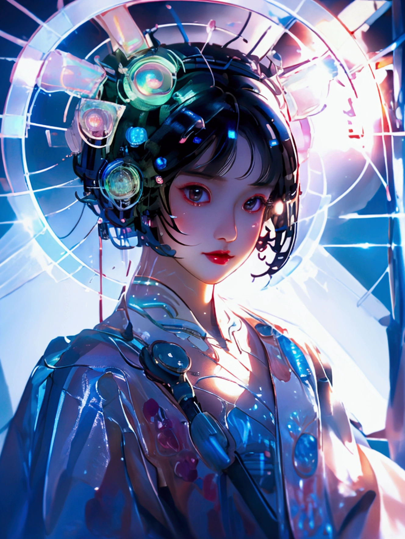 Mechanical Girl,In the water, Dreamy colors, close up, light refracted into water, reflective transparent iridescent color,Soft Lighting/ Soft Light, High Detail, Ultra HD
