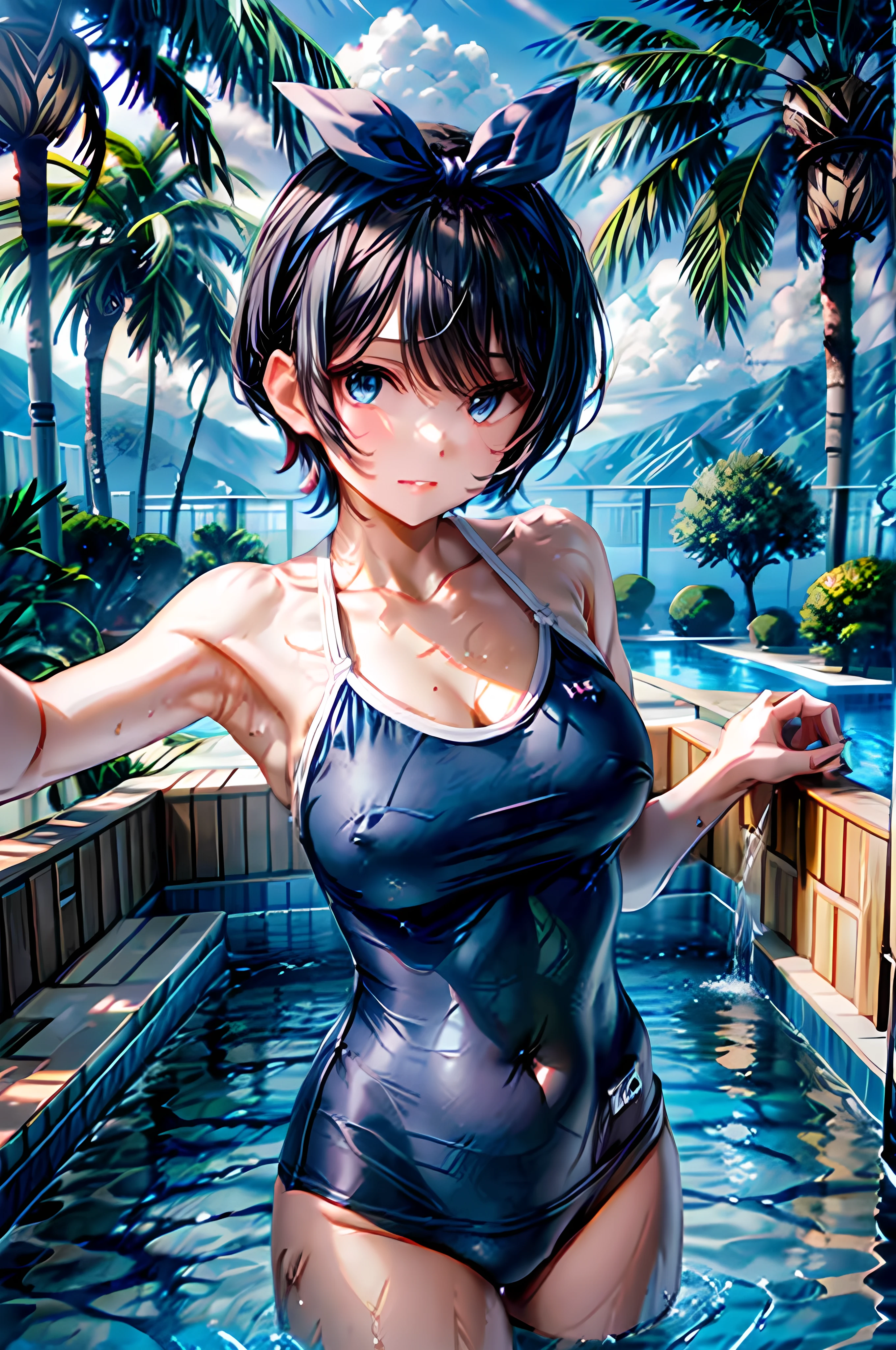 1girl, solo, BREAK (Blue eyes) BREAK, BREAK school swimsuit, (T405, blue one-piece swimsuit,) BREAK, BREAK black hair, short hair, bangs, BREAK hairband, hair ribbon, blue hairband, bow BREAK, (sarashina ruka), Perfect Anatomy, Hide your hands behind your head, Larger breasts, Beautiful Skin, (tanskin), masterpiece:1.2, Highest quality, Highest quality, Winner of numerous top awards,  Midnight, (nightpool), Luxury resort hotel rooftop pool