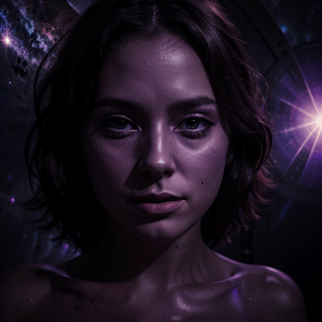 Cover for a track in a cosmic, atmospheric style, ambient, with a melancholic mood, space, emptiness, the face of a naked girl in purple shades