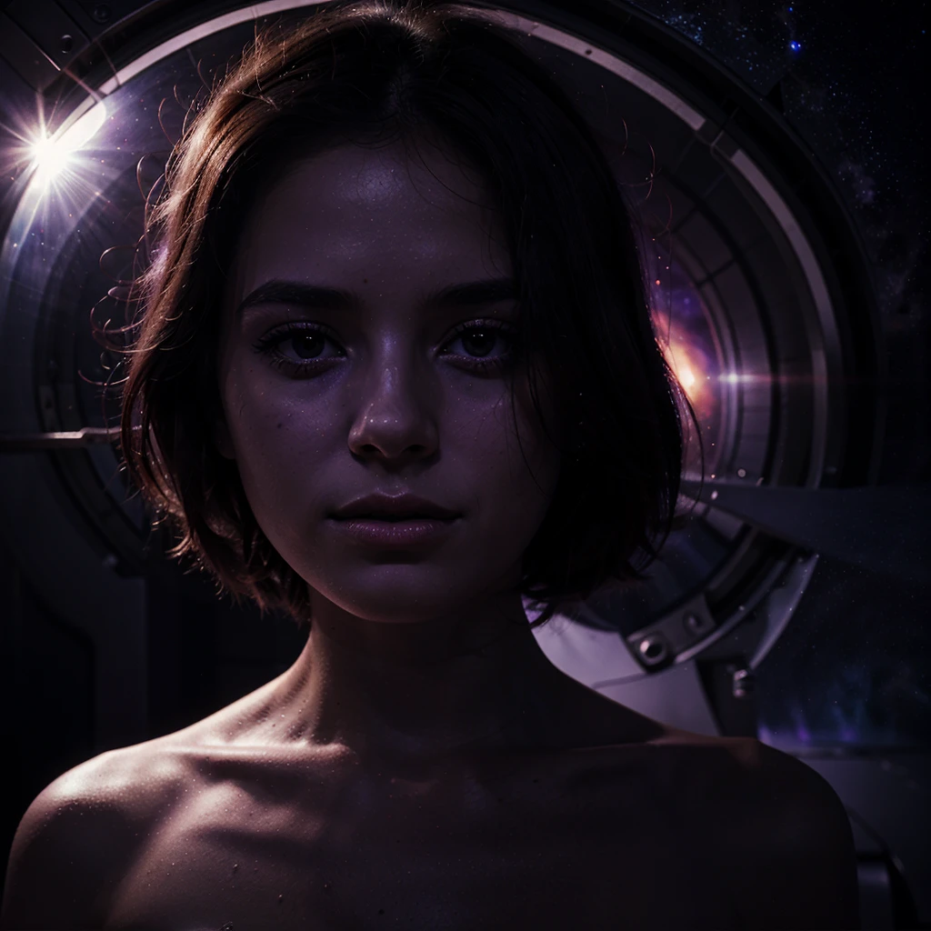 Cover for a track in a cosmic, atmospheric style, ambient, with a melancholic mood, space, emptiness, the face of a naked girl in purple shades