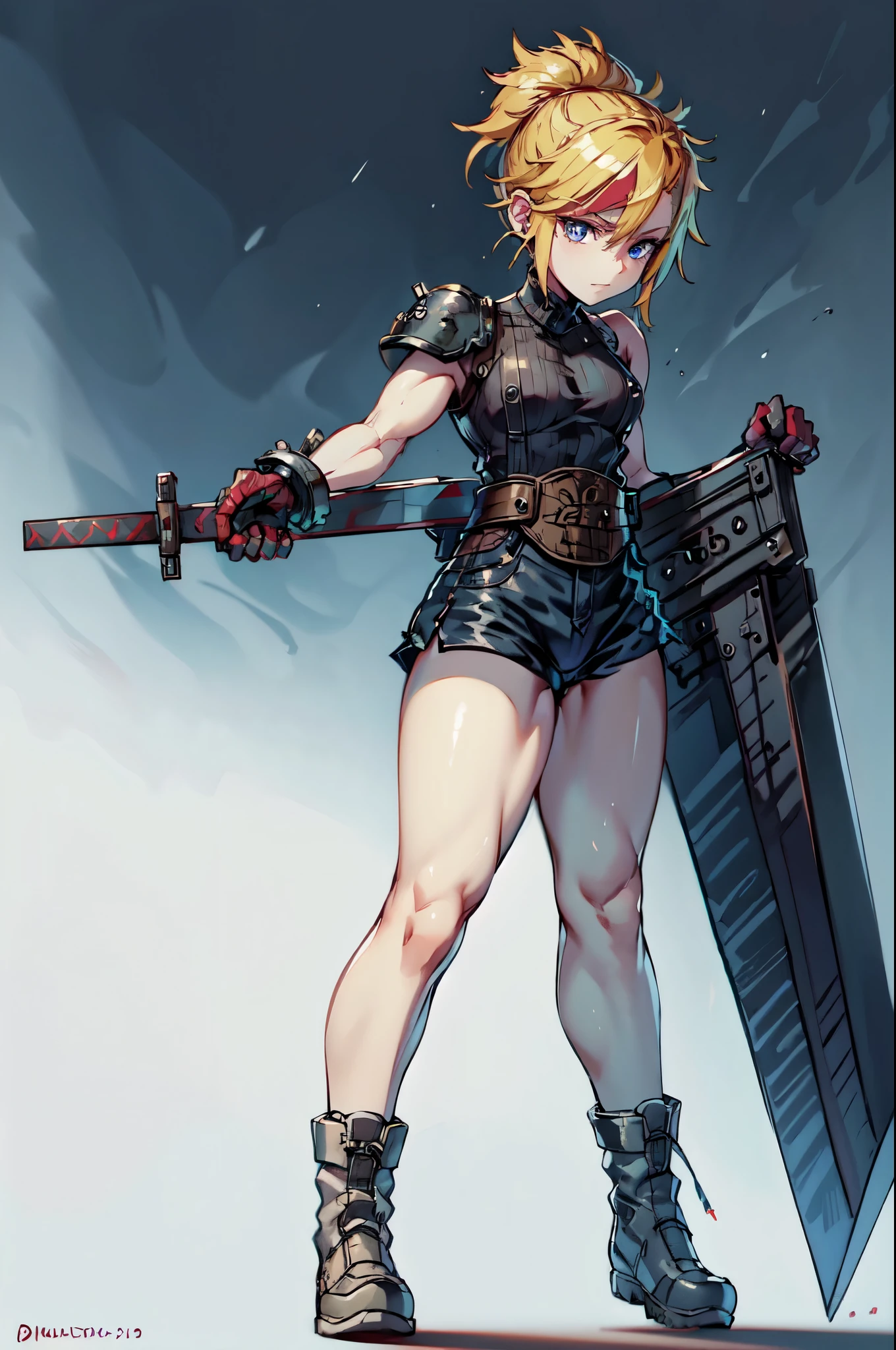 (masterpiece, best quality:1.2), red glowing eyes, red eyes, the eyes are red, perfect face, , strong make up, highres, 1 girl, solo, ultra long ponytail, (female:1.5), strife, blonde hair, shoulder armor, sleeveless turtleneck, suspenders, belt, gloves, bracer, evil smile, standing, portrait, looking at viewer, giant sword on the back, long leather boots, fullbody shot
