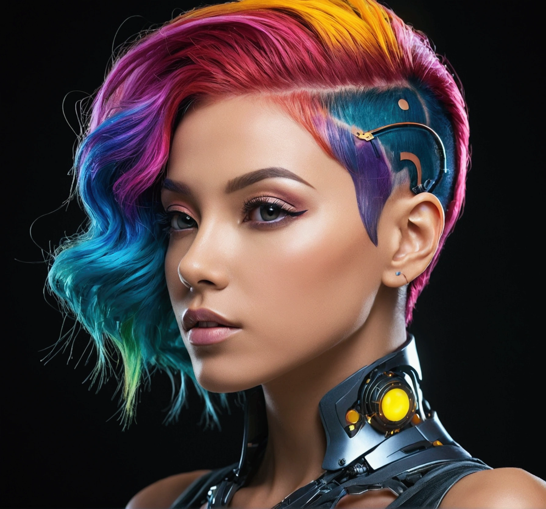 "A stunning, beautiful woman with colorful hair, high-resolution photo capturing the essence of a futuristic cyborg with intricate details and dynamic angles."