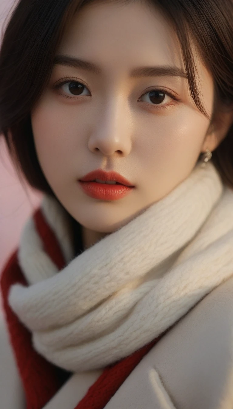 8K, 超high resolution, best quality, masterpiece, Surrealism, photo,Three-Part Approach, 1 girl, (16 years old:1.3), pretty girl, Cute face, Beautiful eyes in every detail,Japanese female announcer,close up、Young wife,(Wearing long winter coats and scarves、薄薄的黑色双面发髻的close up:1.5)、(The girl turned around,With a sad expression on his face.。, Winter beach,Her hair fluttered in the wind:1.5)、(Blurred background:1.5)、(Red sky at sunset:1.5)、(Perfect anatomical structure:1.5)、(Full Hand:1.3)、(Whole finger:1.3)、Practical、生photo、On the table、best quality、high resolution、Exquisite、Perfect face、Beautiful details、White skin、Real human skin,Super cute supermodel、Look closely at the camera 、Vividly detailed、detailed、Surrealism、Light and Shadow,glare,Fashion magazine cover,Thin lips