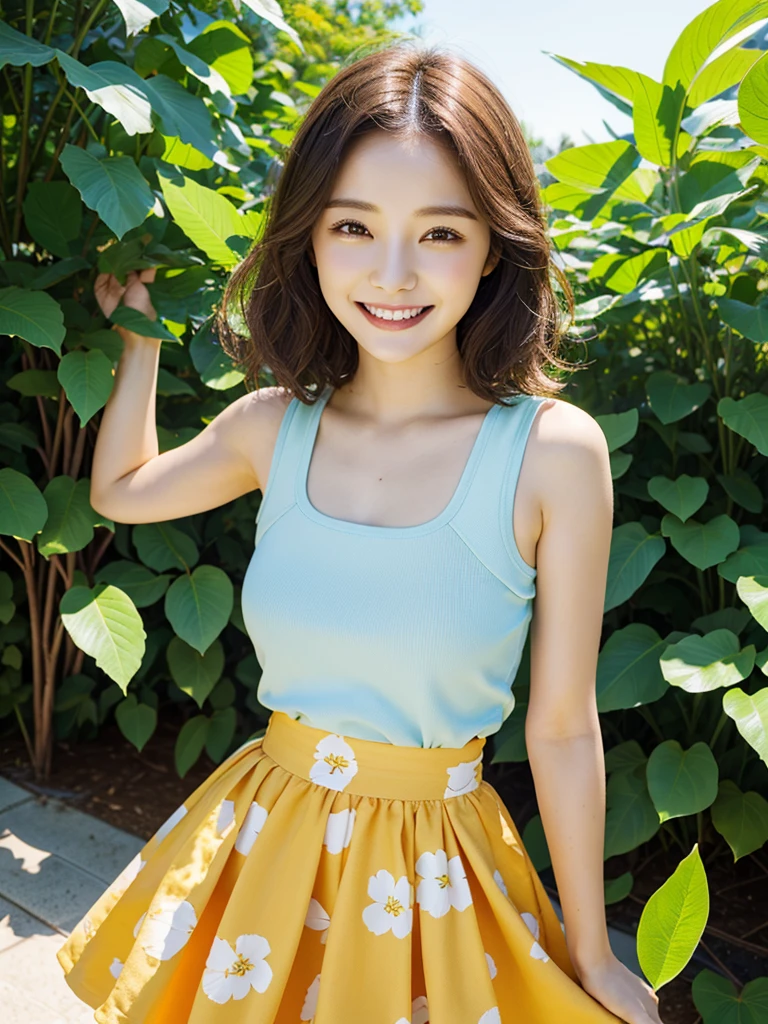 masterpiece, Highest quality, Absurd, Perfect Anatomy, One girl, alone, Pascal's Tale, short hair, beautiful, Cheerful big, sunny day, planties, Summer winds, Sun skirt, Floral, Wavy Hair, smile