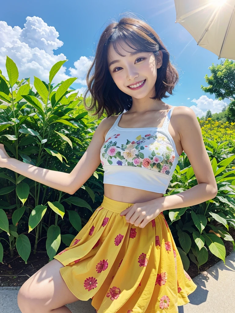 masterpiece, Highest quality, Absurd, Perfect Anatomy, One girl, alone, Pascal's Tale, short hair, beautiful, Cheerful big, sunny day, planties, Summer winds, Sun skirt, Floral, Wavy Hair, smile