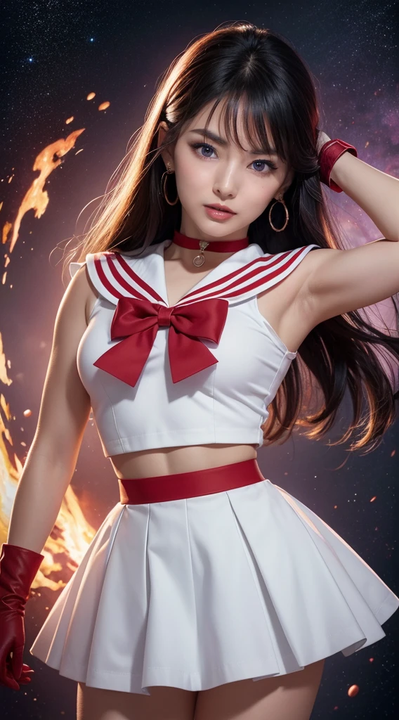 ((HD Real, Same 1 level)), Extremely realistic, masterpiece, Highest quality, High resolution, Same 1, space, Stunning beauty, Upper Body Shot, 1 girl, chest, gloves, lips, alone, Sailor Mars, Purple eyes, uniform, Show more1, tiara, sailor warrior uniform, (RAW Photos, Highest quality), masterpiece, 浮かぶ長いBlack Hair, Red Sailor Collar, bow, choker, 白いgloves, red choker, 肘用gloves, jewelry, Earrings, Red Skirt, only, whole body, Black Hair, (Perfect hands): 3.8, Octane Rendering, Goddess of Fire, (close: 1.2) In detail, Beautiful Eyes, close, Small eyes, Show Viewer, to8 contrast style, Octane line drawing, space background, Mars, There's flames all around her, Red Flame, Intense gaze, Clear Eyes, Hands down