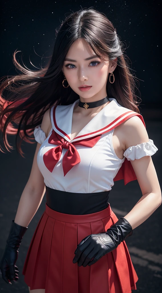 ((HD Real, Same 1 level)), Extremely realistic, masterpiece, Highest quality, High resolution, Same 1, space, Stunning beauty, Upper Body Shot, 1 girl, chest, gloves, lips, alone, Sailor Mars, Purple eyes, uniform, Show more1, tiara, sailor warrior uniform, (RAW Photos, Highest quality), masterpiece, 浮かぶ長いBlack Hair, Red Sailor Collar, bow, choker, 白いgloves, red choker, 肘用gloves, jewelry, Earrings, Red Skirt, only, whole body, Black Hair, (Perfect hands): 3.8, Octane Rendering, Goddess of Fire, (close: 1.2) In detail, Beautiful Eyes, close, Small eyes, Show Viewer, to8 contrast style, Octane line drawing, space background, Mars, There's flames all around her, Red Flame, Intense gaze, Clear Eyes, Hands down
