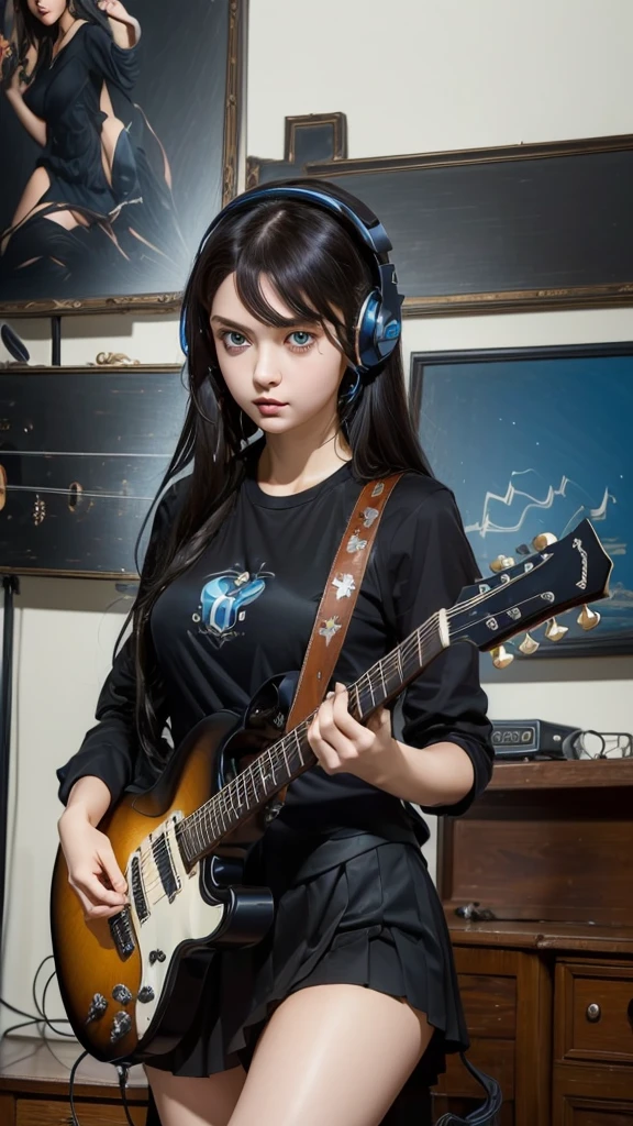 ((masterpiece, best quality))1girl, solo, black dress, big eyes, blue eyes, electric guitar, guitar, headphones, Big Breasts, holding, holding plectrum, instrument, Long Straight hair, music, one side up, tails, playing guiter, pleated skirt, black shirt, interior
