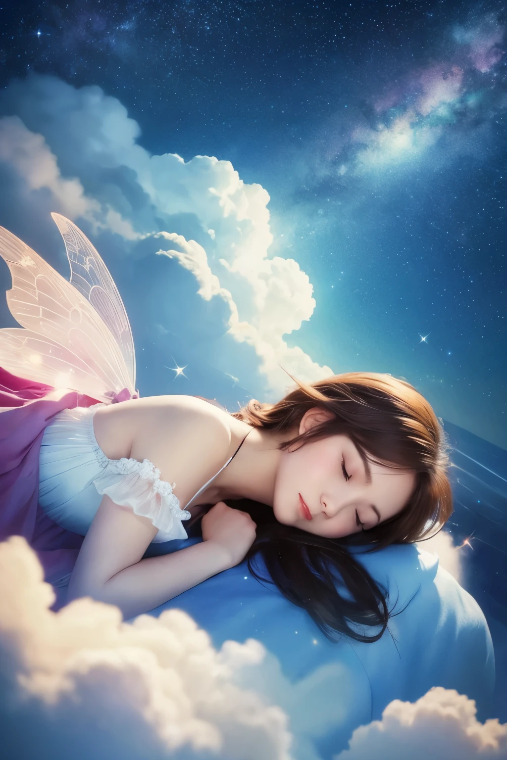 A fairy tale girl is floating and sleeping on a cloud in the starry sky.