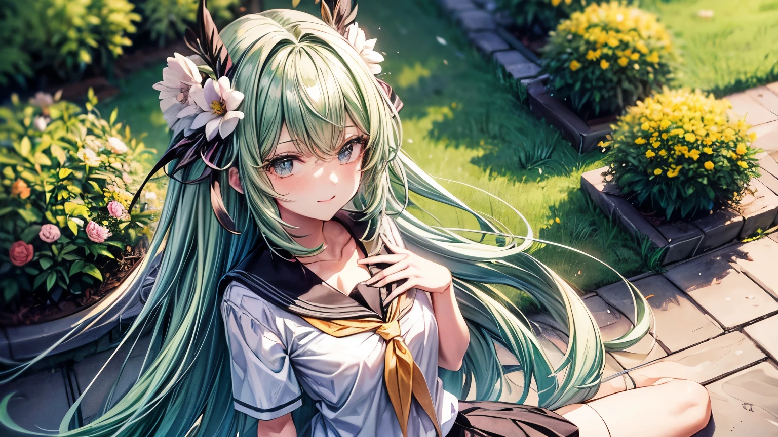 , light green-haired, long hair, black eyes, school clothes, em um parque com flores,