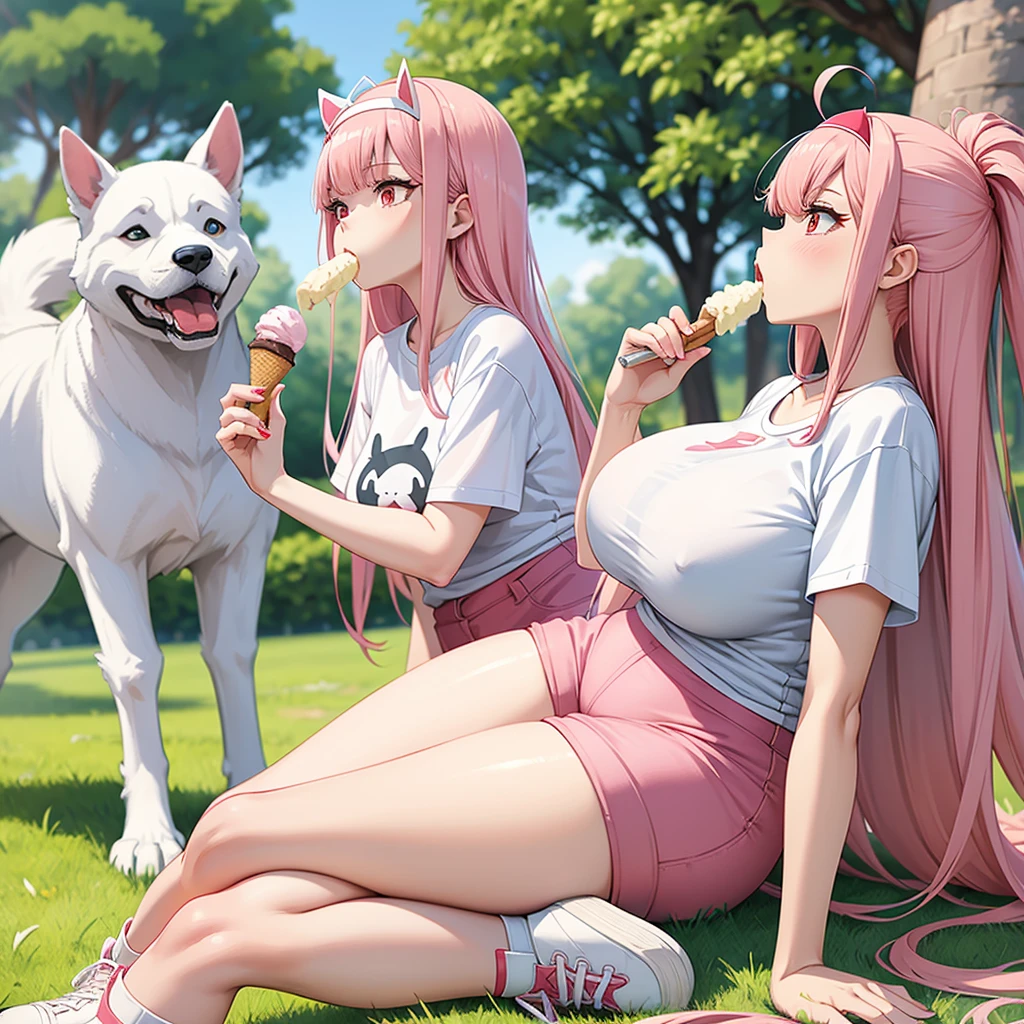 Anime Waifu zero two woman wide hips thick legs with long stockings wearing a jeanz shor white sneakers tight white t-shirt with low neckline in the park aeboles and dog animal up bed anime zero two pink hair eating an ice cream in the park