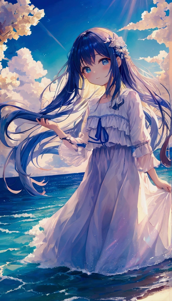 animesque、Faraway view、landscapes、vanishing point、Outrageous resolution、hight resolution、ultra-detailliert、The upper half shows the universe、Below is the sea、Bright atmosphere、Fantasia、magia、Mare、Daylight hours、clean blue sky、sunlight shining、prisma、beautiful lighting、Bright lighting、Soft lighting、Lots of shining magic light、Iridescent light、(Spark:0.7)