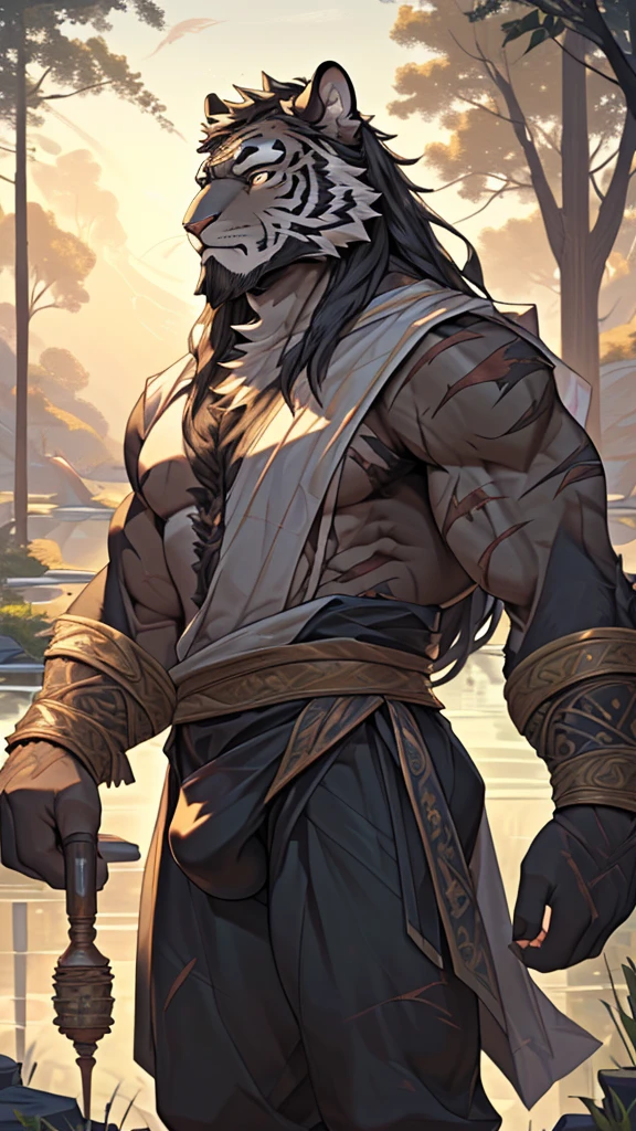 (masterpiece),(highres),(intricate details:1.4),extremely detailed,(illustration:1.2),8k,photorealistic,exquisite,(daddy:1.5),aged,elder male tiger ,muscular,(guardian:1.7),(safety guard),black fur,manhood,warrior,(black fur:1.3),long hair,long beard,(numerous scars),(bulging crotch:1.8),(homosexual:1.5),(a serene face:1.9)(sexy)