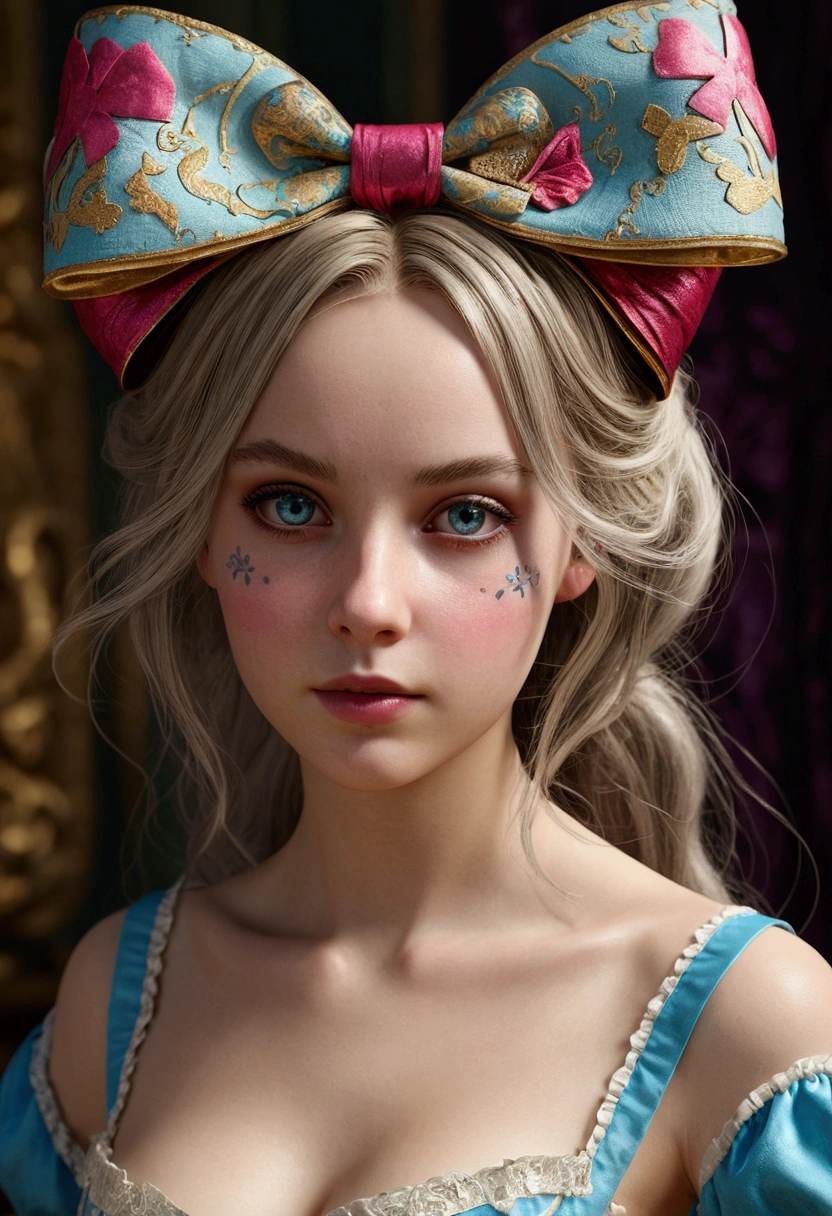 1 girl, work of art, best qualityer, 8k, Detailed texture skin, detailed cloth texture, beautifull detailed face, details Intricate, ultra detaild, Alice in Wonderland, (a bow on the head:1.1), topless