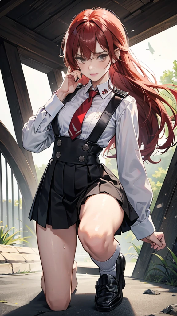 {{masterpiece}}, {{{Highest quality}}},{{Very detailed}}, {{figure}},{{tall}},{{Adult female}},,{{Fighting stance}},{Ryona},{{Long sleeve mini skirt uniform}},{on one knee{}},}}{}},{fighting stance}},{},{}, ,{{}},{{Eyelet foot}},,{{}},{{}},,{{}},{{}},,Slender body}}{{Avoidance}}{{Female police officer}},,,,suspenders ,Long sleeve mini skirt uniform, White High Socks,Black fingerless gloves, Long Red Hair, Red tie,Straight hair ,Blunt bangs,Thigh holster,.amountn loafer,,blush,Wrinkles ,amount,Grit your teeth,suffering,v-shaped eyeamounts.,Sweat dripping,Medium chest ,get annoyed,,Slums,,Twisting,