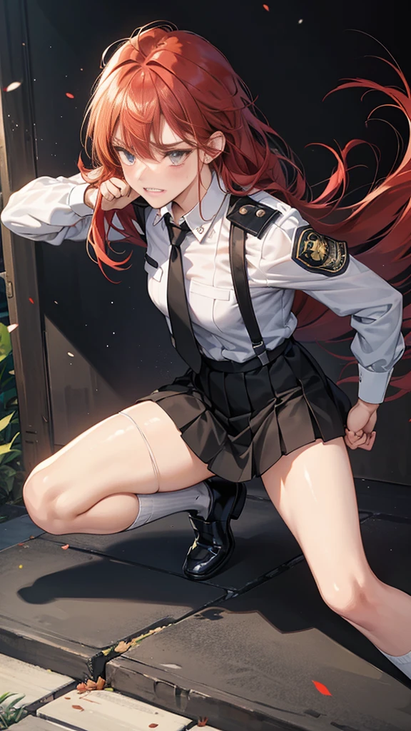 {{masterpiece}}, {{{Highest quality}}},{{Very detailed}}, {{figure}},{{tall}},{{Adult female}},,{{Fighting stance}},{Ryona},{{Long sleeve mini skirt uniform}},{on one knee{}},}}{}},{fighting stance}},{},{}, ,{{}},{{Eyelet foot}},,{{}},{{}},,{{}},{{}},,Slender body}}{{Avoidance}}{{Female police officer}},,,,suspenders ,Long sleeve mini skirt uniform, White High Socks,Black fingerless gloves, Long Red Hair, Red tie,Straight hair ,Blunt bangs,Thigh holster,.amountn loafer,,blush,Wrinkles ,amount,Grit your teeth,suffering,v-shaped eyeamounts.,Sweat dripping,Medium chest ,get annoyed,,Slums,,Twisting,