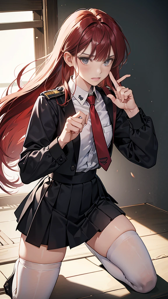 {{masterpiece}}, {{{Highest quality}}},{{Very detailed}}, {{figure}},{{tall}},{{Adult female}},,{{Fighting stance}},{Ryona},{{Long sleeve mini skirt uniform}},{on one knee{}},}}{}},{fighting stance}},{},{}, ,{{}},{{Eyelet foot}},,{{}},{{}},,{{}},{{}},,Slender body}}{{Avoidance}}{{Female police officer}},,,,suspenders ,Long sleeve mini skirt uniform, White High Socks,Black fingerless gloves, Long Red Hair, Red tie,Straight hair ,Blunt bangs,Thigh holster,.amountn loafer,,blush,Wrinkles ,amount,Grit your teeth,suffering,v-shaped eyeamounts.,Sweat dripping,Medium chest ,get annoyed,,Slums,,Twisting,
