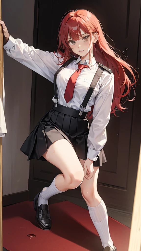 {{masterpiece}}, {{{Highest quality}}},{{Very detailed}}, {{figure}},{{tall}},{{Adult female}},,{{Fighting stance}},｛Ryona｝,{{Long sleeve mini skirt uniform}},{on one knee{}},}}{}},{fighting stance}},{},{}, ,{{}},{{Eyelet foot}},,{{}},{{}},,{{}},{{}},,Slender body}}{{Avoidance}}{{Female police officer}},,,,suspenders　,Long sleeve mini skirt uniform, White High Socks,Black fingerless gloves, Long Red Hair, Red tie,Straight hair ,Blunt bangs,Thigh holster,.amountn loafer,,blush,Wrinkles ,amount,Grit your teeth,suffering,v-shaped eyeamounts.,Sweat dripping,Medium chest ,get annoyed,,Slums,,Twisting,