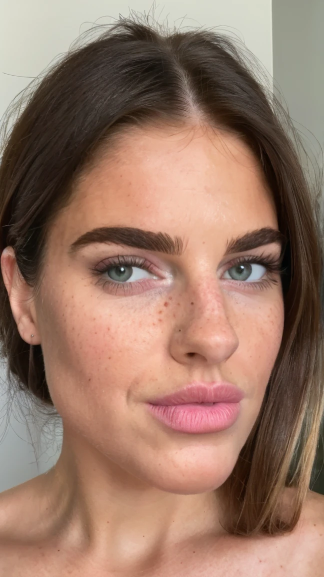 Skin: Smooth and flawless, with a subtle glow, giving a healthy and vibrant look.
Eyes: Light green, large, and expressive, with well-defined lashes.
Hair: Dark brown or black, voluminous, and wavy, cascading around her shoulders.
Eyebrows: Thick and well-groomed, matching the color of her hair.
Lips: Full and slightly parted, with a natural pink hue.
Makeup: Minimal yet effective, emphasizing her natural beauty. Light blush, subtle eye makeup, and glossy lips.
Freckles: Light freckles are visible across her cheeks and nose, adding a touch of realism and charm.
